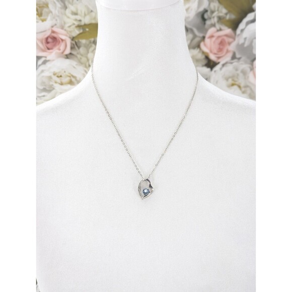 Blue Topaz Rhinestone Silver Tone Gemstone Floating Heart Pendant Necklace - Picture 2 of 5